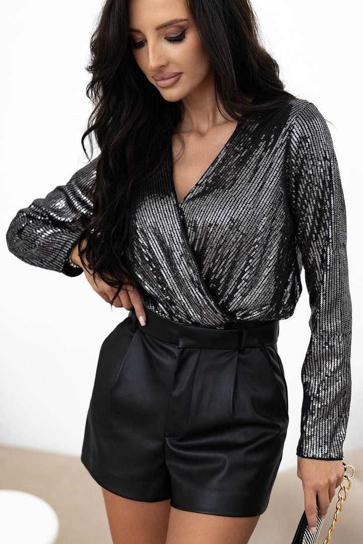 Black Sequin Mesh Long Sleeve Surplice Neck Bodysuit - Fashion Queen -  3