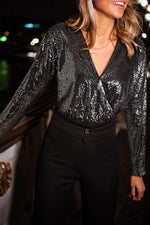 Load image into Gallery viewer, Black Sequin Mesh Long Sleeve Surplice Neck Bodysuit - Fashion Queen -  7
