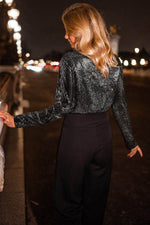 Load image into Gallery viewer, Black Sequin Mesh Long Sleeve Surplice Neck Bodysuit - Fashion Queen -  8
