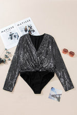 Load image into Gallery viewer, Black Sequin Mesh Long Sleeve Surplice Neck Bodysuit - Fashion Queen -  9
