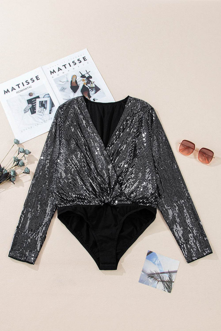 Black Sequin Mesh Long Sleeve Surplice Neck Bodysuit - Fashion Queen -  9