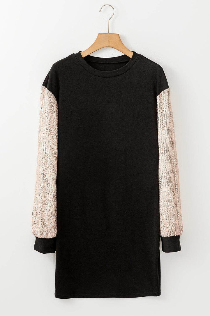 Black Sequin Puff Sleeve Shift Mini Dress - Fashion Queen -  7