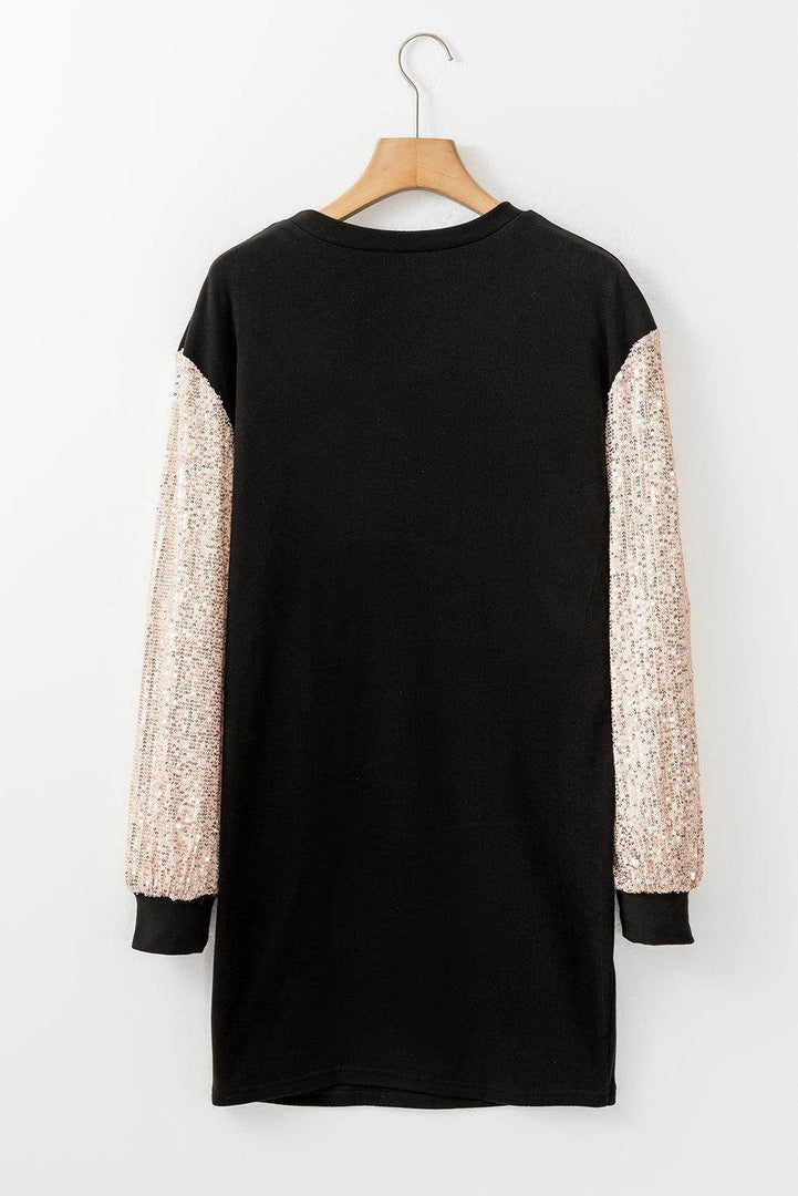 Black Sequin Puff Sleeve Shift Mini Dress - Fashion Queen -  8