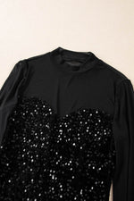 Load image into Gallery viewer, Black Sequin Velvet Sheer Mesh Mock Neck Blouse - Fashion Queen -  10
