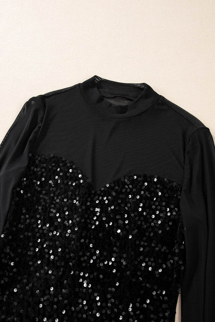 Black Sequin Velvet Sheer Mesh Mock Neck Blouse - Fashion Queen -  10
