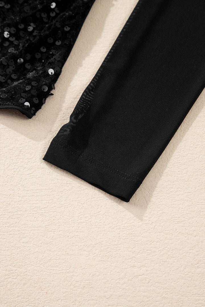 Black Sequin Velvet Sheer Mesh Mock Neck Blouse - Fashion Queen -  11