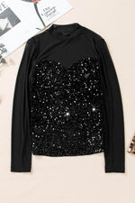 Load image into Gallery viewer, Black Sequin Velvet Sheer Mesh Mock Neck Blouse - Fashion Queen -  7
