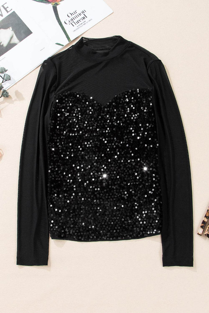 Black Sequin Velvet Sheer Mesh Mock Neck Blouse - Fashion Queen -  7