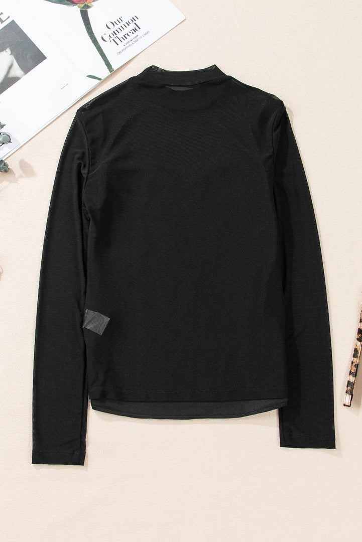 Black Sequin Velvet Sheer Mesh Mock Neck Blouse - Fashion Queen -  8