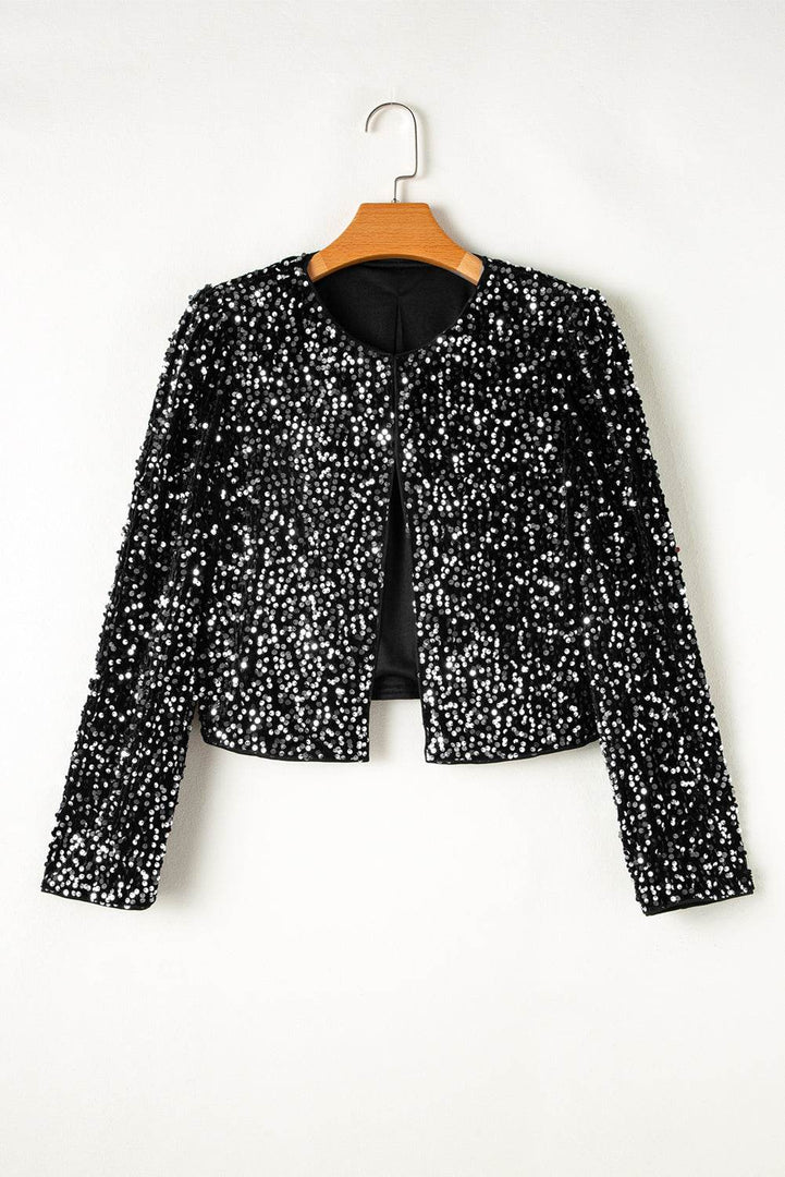 Black Sequined Open Front Cropped Jacket - Fashion Queen -  11