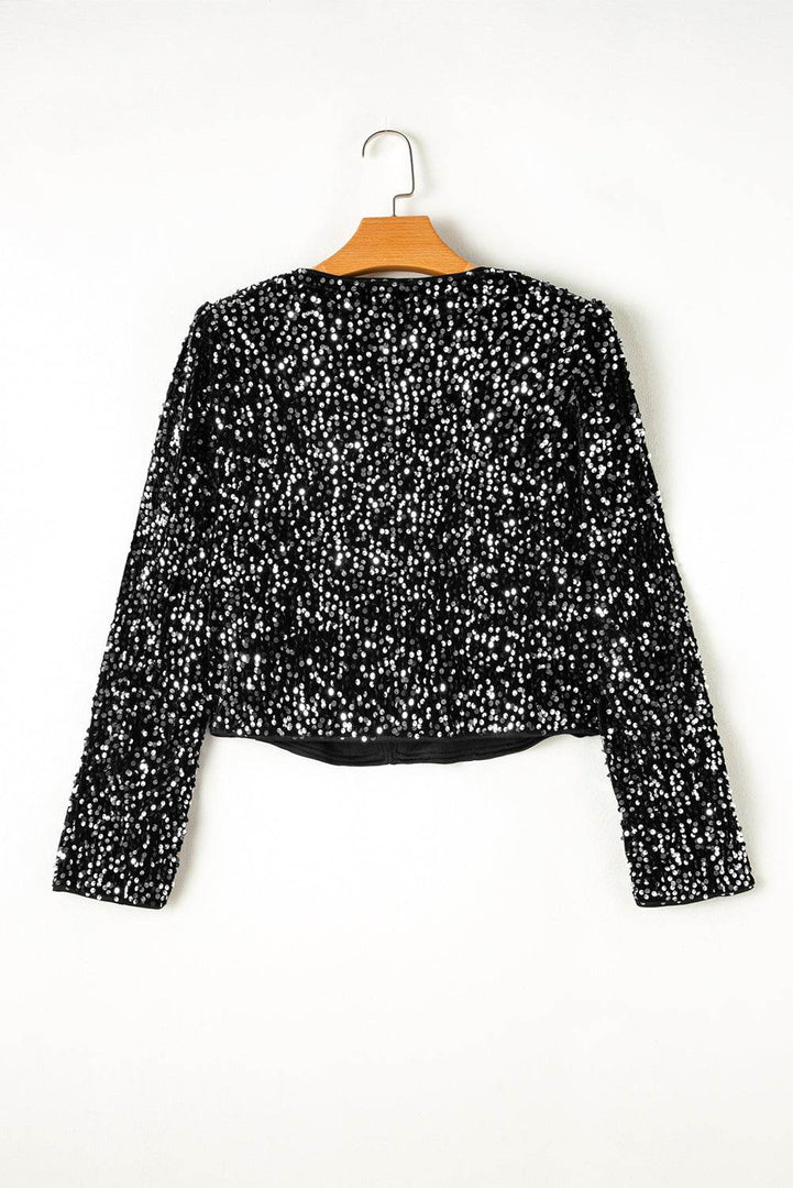 Black Sequined Open Front Cropped Jacket - Fashion Queen -  12