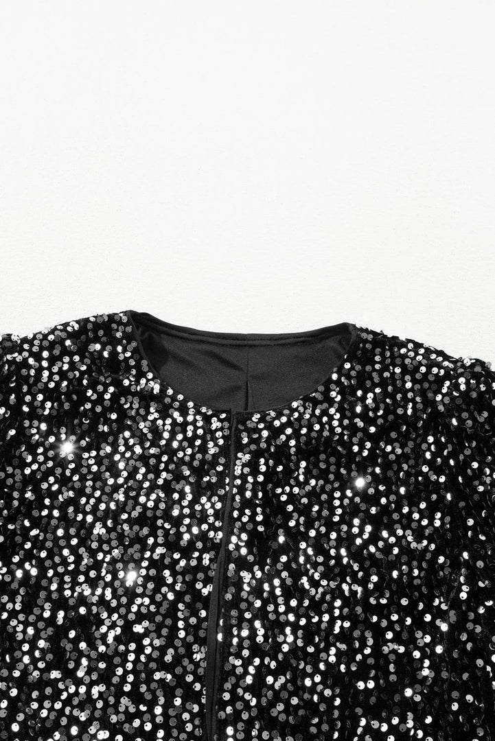 Black Sequined Open Front Cropped Jacket - Fashion Queen -  13