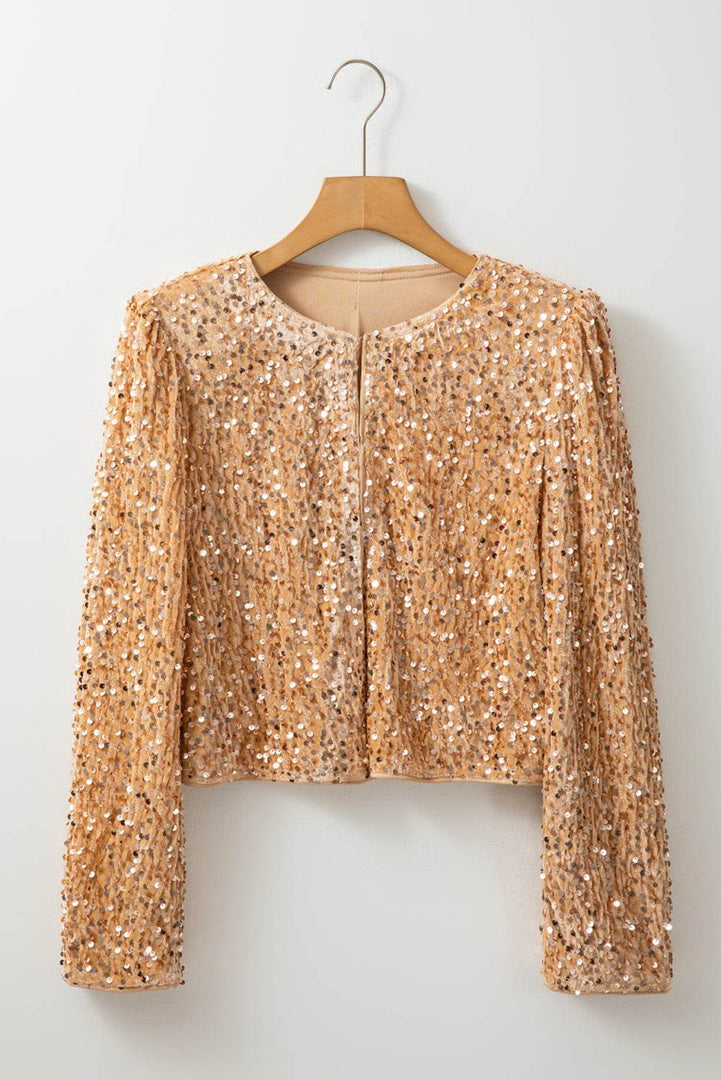 Black Sequined Open Front Cropped Jacket - Fashion Queen -  20