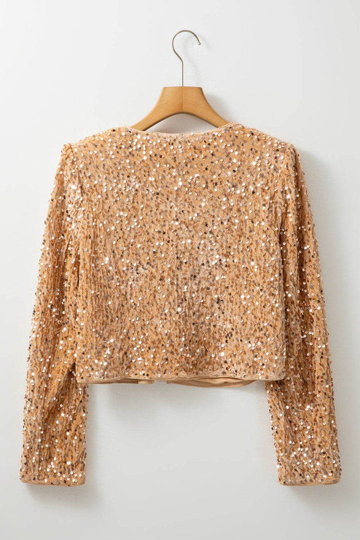 Black Sequined Open Front Cropped Jacket - Fashion Queen -  21
