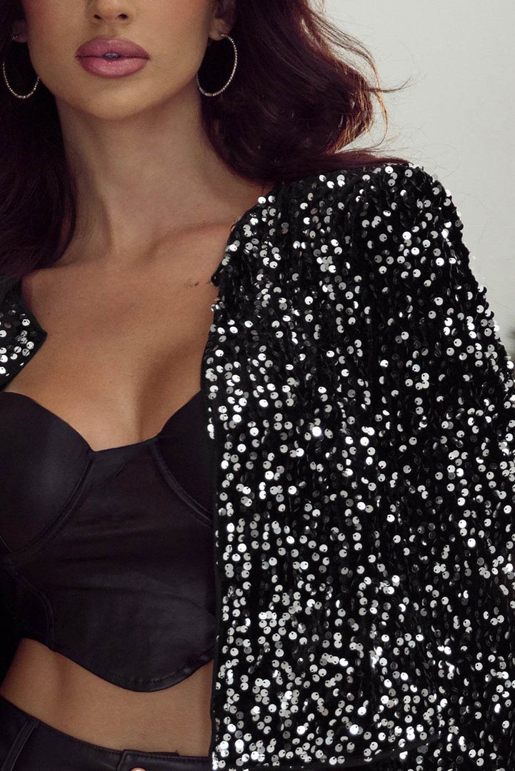 Black Sequined Open Front Cropped Jacket - Fashion Queen -  9