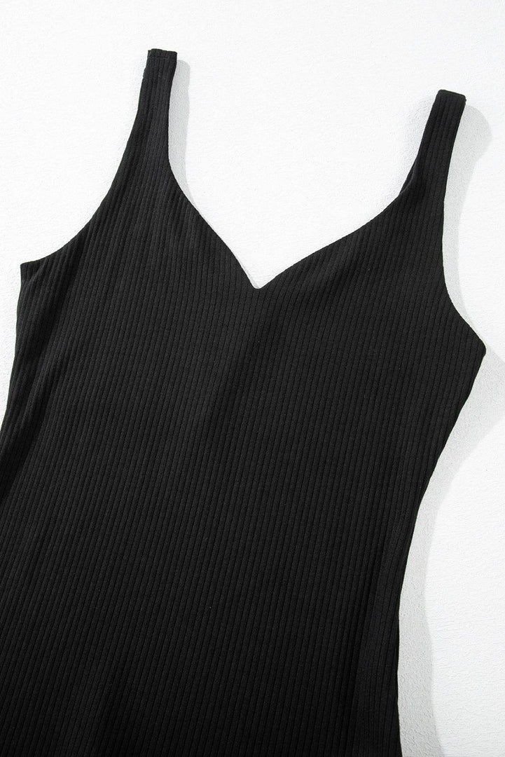 Black Sexy V Neck Ribbed Knit Sleeveless Top - Fashion Queen -  8