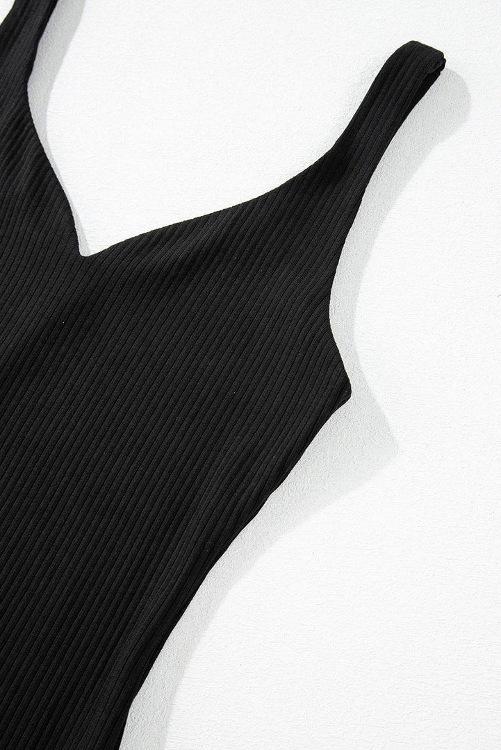 Black Sexy V Neck Ribbed Knit Sleeveless Top - Fashion Queen -  9