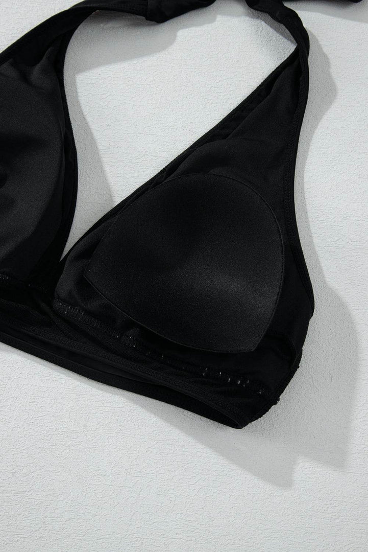 Black Sheer Mesh Edged Halter V Neck Push Up Bikini - Fashion Queen -  11