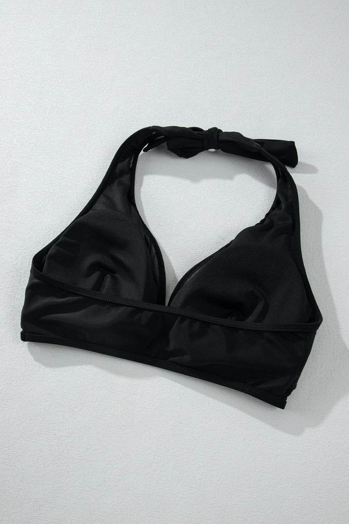 Black Sheer Mesh Edged Halter V Neck Push Up Bikini - Fashion Queen -  13