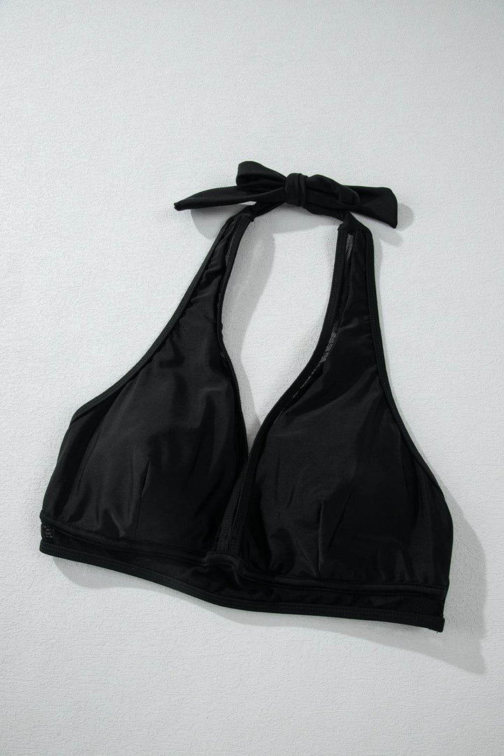 Black Sheer Mesh Edged Halter V Neck Push Up Bikini - Fashion Queen -  16