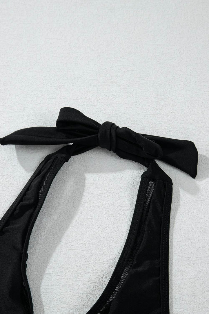 Black Sheer Mesh Edged Halter V Neck Push Up Bikini - Fashion Queen -  17