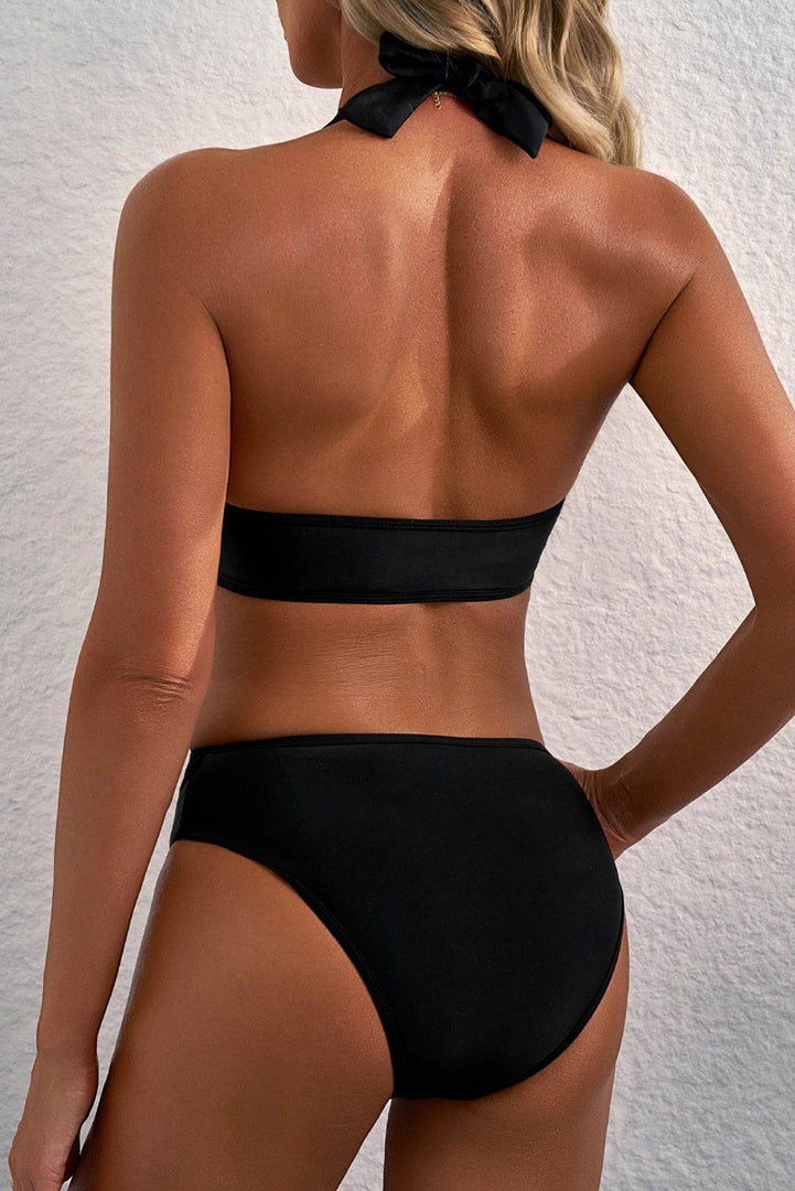 Black Sheer Mesh Edged Halter V Neck Push Up Bikini - Fashion Queen -  2