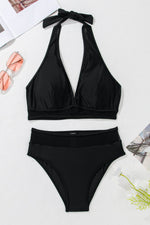 Load image into Gallery viewer, Black Sheer Mesh Edged Halter V Neck Push Up Bikini - Fashion Queen -  6
