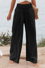 Black Shirred High Waist Plus Size Wide Leg Pants - Fashion Queen -  1