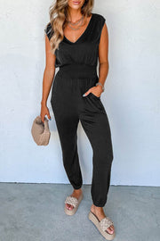 Black Shirred High Waist Sleeveless V Neck Jumpsuit - Fashion Queen -  1