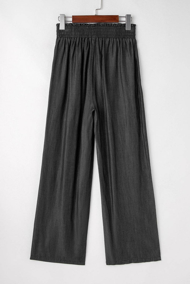Black Side Pockets Frilled Smocked High Waist Wide Leg Jeans - Fashion Queen -  10