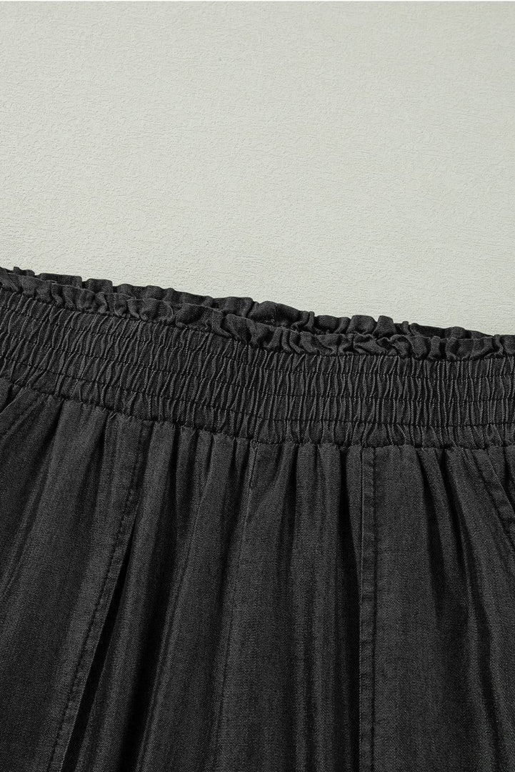 Black Side Pockets Frilled Smocked High Waist Wide Leg Jeans - Fashion Queen -  14