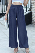 Load image into Gallery viewer, Black Side Pockets Frilled Smocked High Waist Wide Leg Jeans - Fashion Queen -  20
