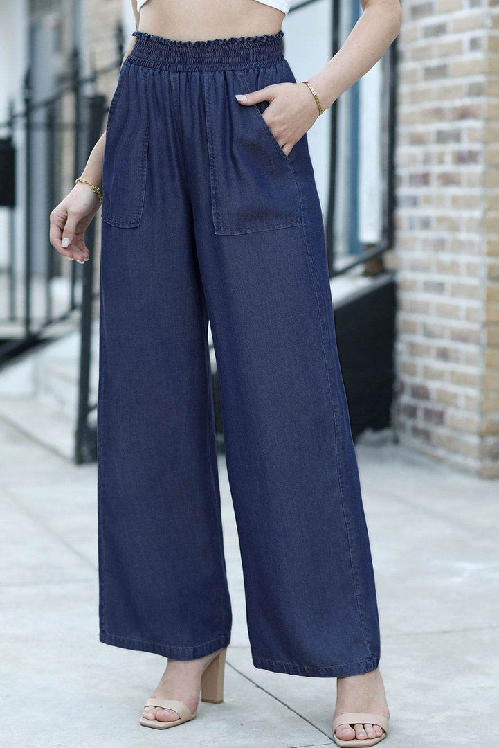 Black Side Pockets Frilled Smocked High Waist Wide Leg Jeans - Fashion Queen -  21