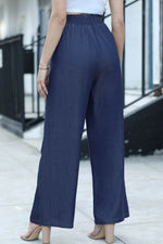 Load image into Gallery viewer, Black Side Pockets Frilled Smocked High Waist Wide Leg Jeans - Fashion Queen -  22
