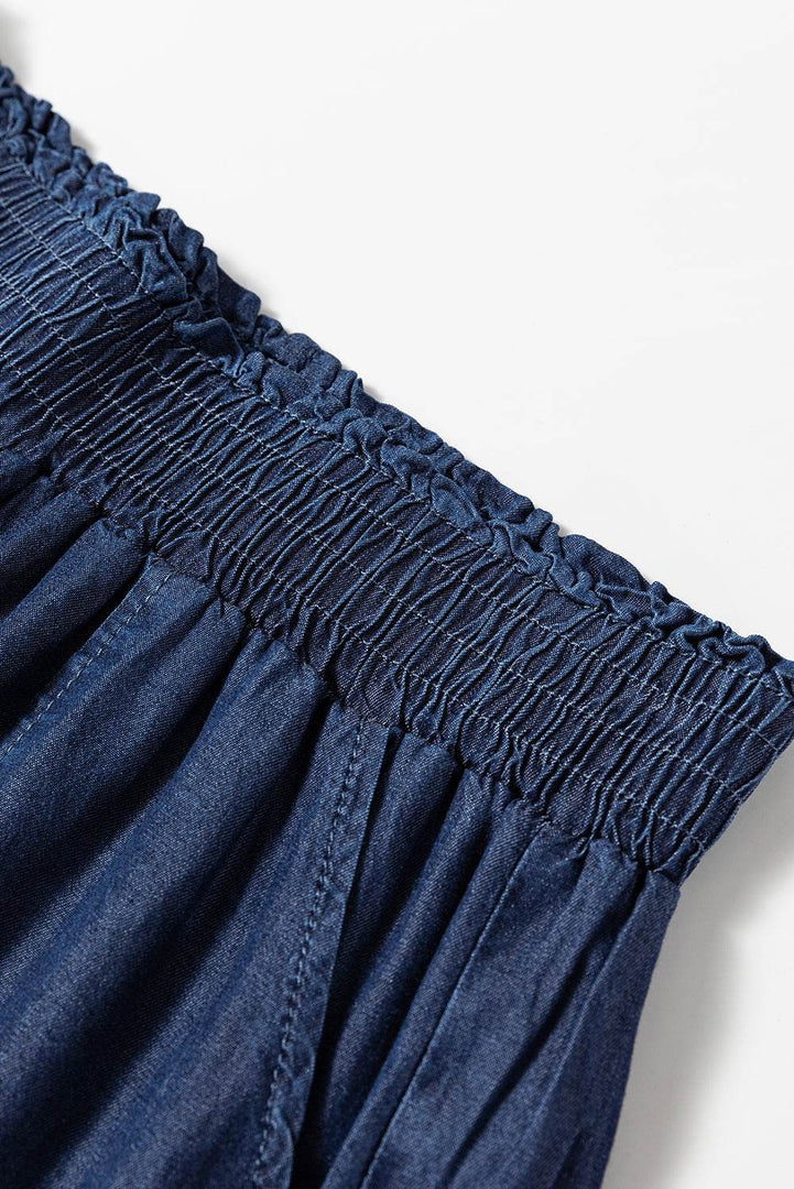 Black Side Pockets Frilled Smocked High Waist Wide Leg Jeans - Fashion Queen -  27
