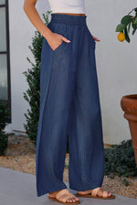 Load image into Gallery viewer, Black Side Pockets Frilled Smocked High Waist Wide Leg Jeans - Fashion Queen -  6
