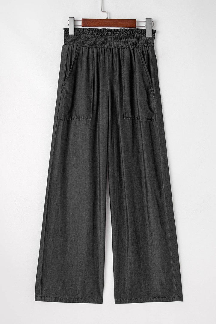 Black Side Pockets Frilled Smocked High Waist Wide Leg Jeans - Fashion Queen -  9