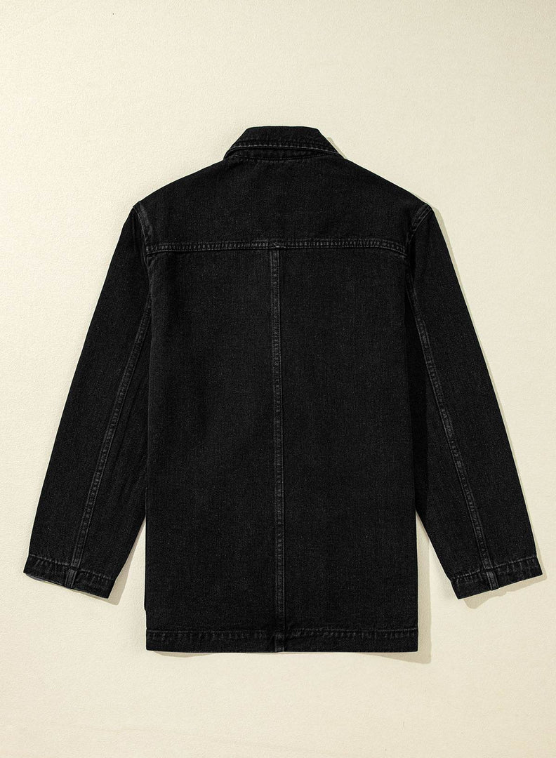 Black Side Pockets Lapel Collar Denim Jacket - Fashion Queen -  10