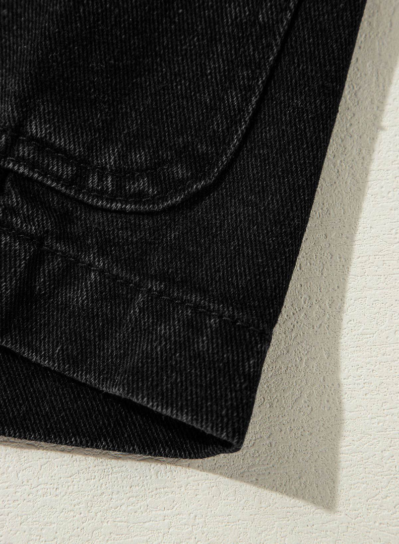 Black Side Pockets Lapel Collar Denim Jacket - Fashion Queen -  13