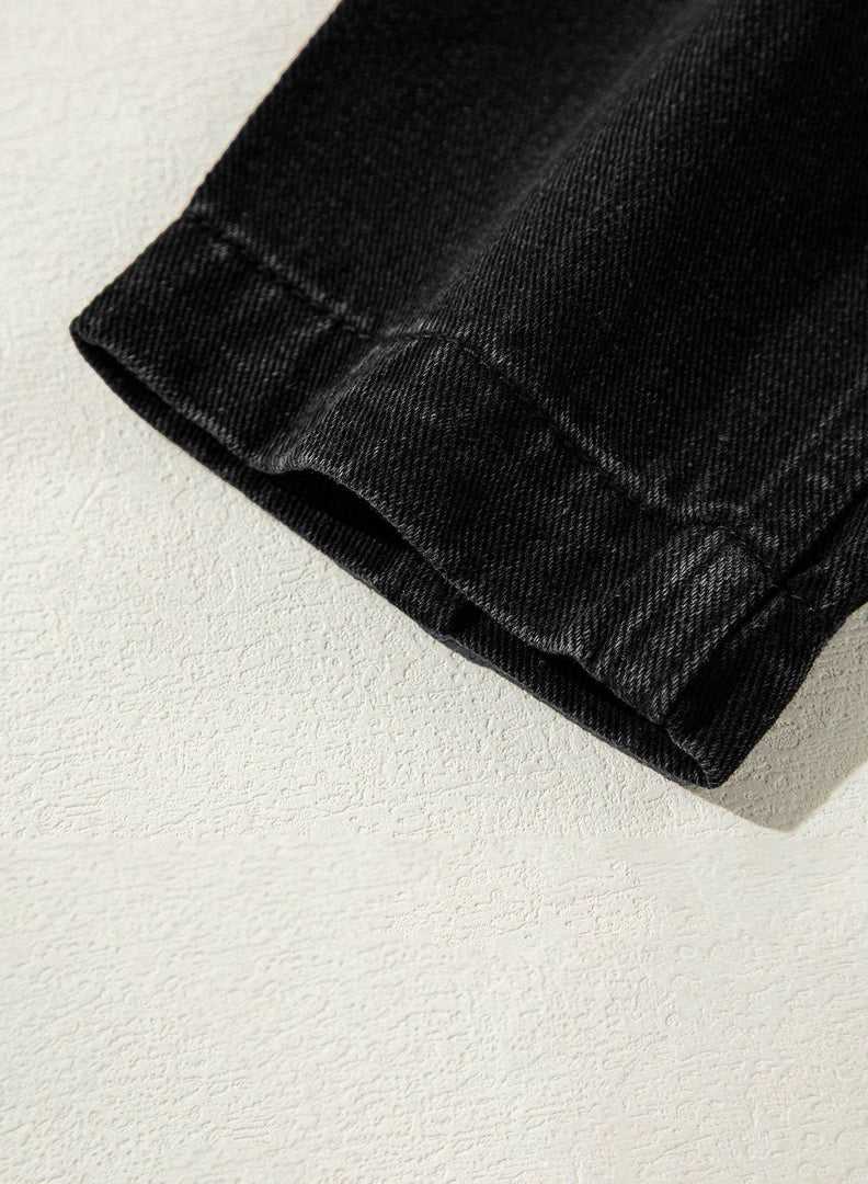 Black Side Pockets Lapel Collar Denim Jacket - Fashion Queen -  14