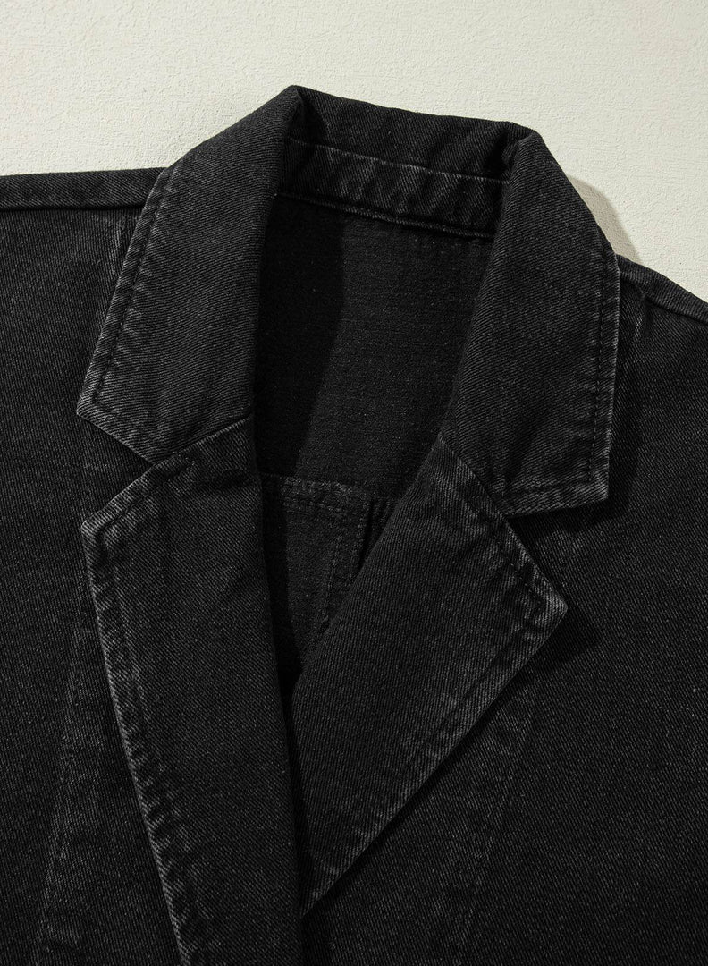 Black Side Pockets Lapel Collar Denim Jacket - Fashion Queen -  17