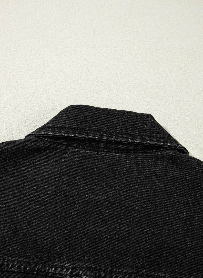 Black Side Pockets Lapel Collar Denim Jacket - Fashion Queen -  18