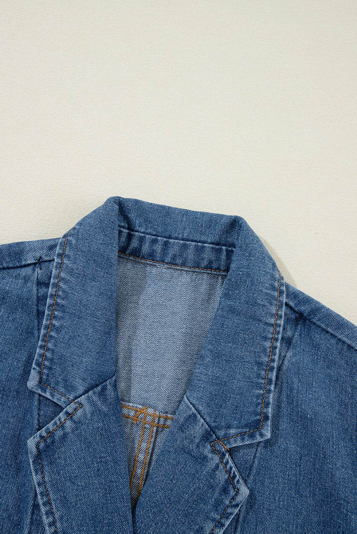 Black Side Pockets Lapel Collar Denim Jacket - Fashion Queen -  23