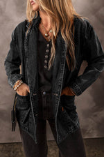 Load image into Gallery viewer, Black Side Pockets Lapel Collar Denim Jacket - Fashion Queen -  3
