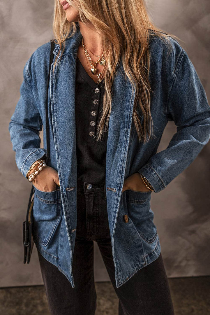 Black Side Pockets Lapel Collar Denim Jacket - Fashion Queen -  4