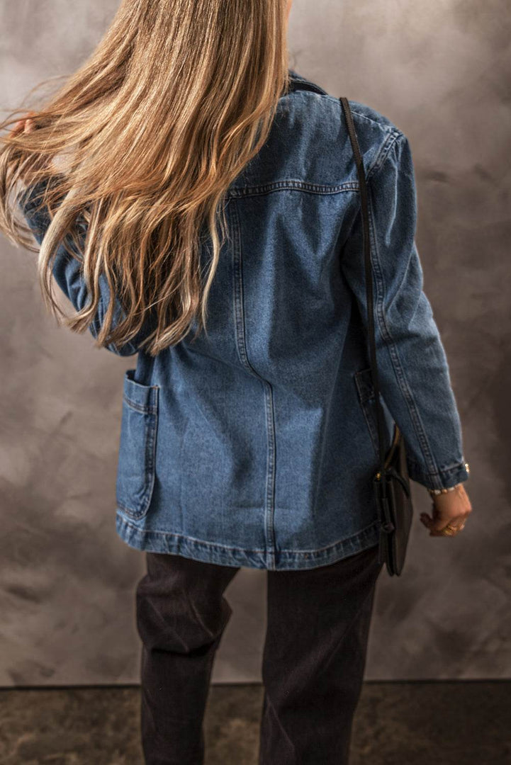 Black Side Pockets Lapel Collar Denim Jacket - Fashion Queen -  5