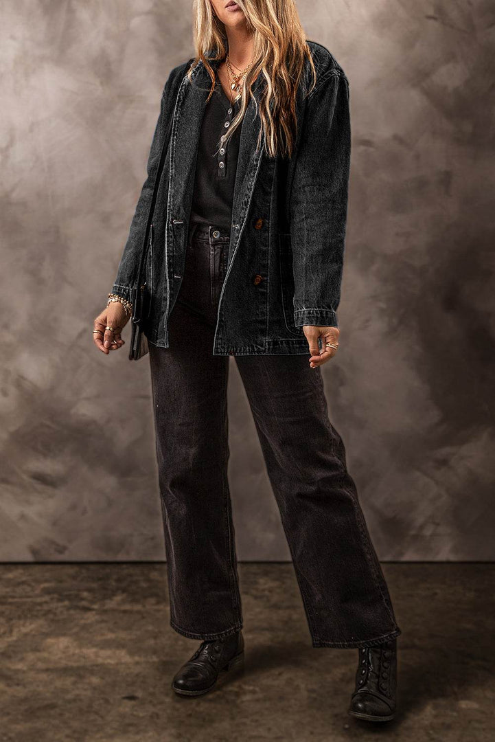 Black Side Pockets Lapel Collar Denim Jacket - Fashion Queen -  8