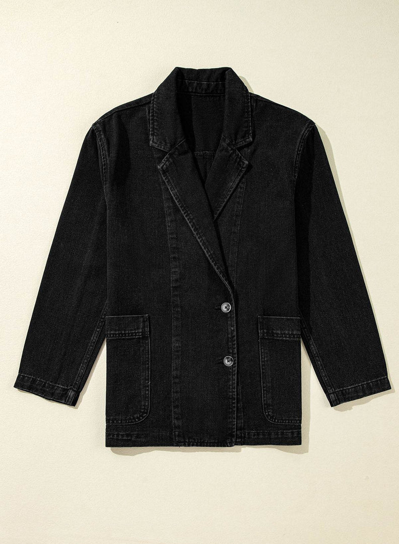 Black Side Pockets Lapel Collar Denim Jacket - Fashion Queen -  9
