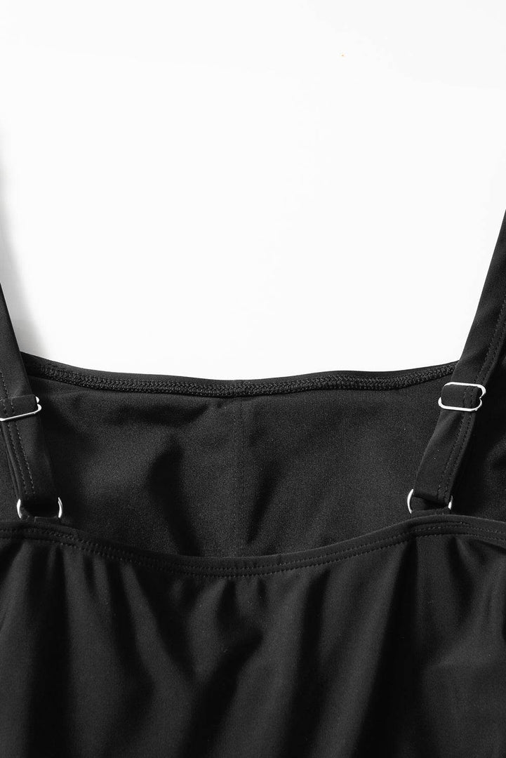 Black Side Tied Waist Square Neck Adjustable Straps A-line One Piece Swim Dress - Fashion Queen -  12