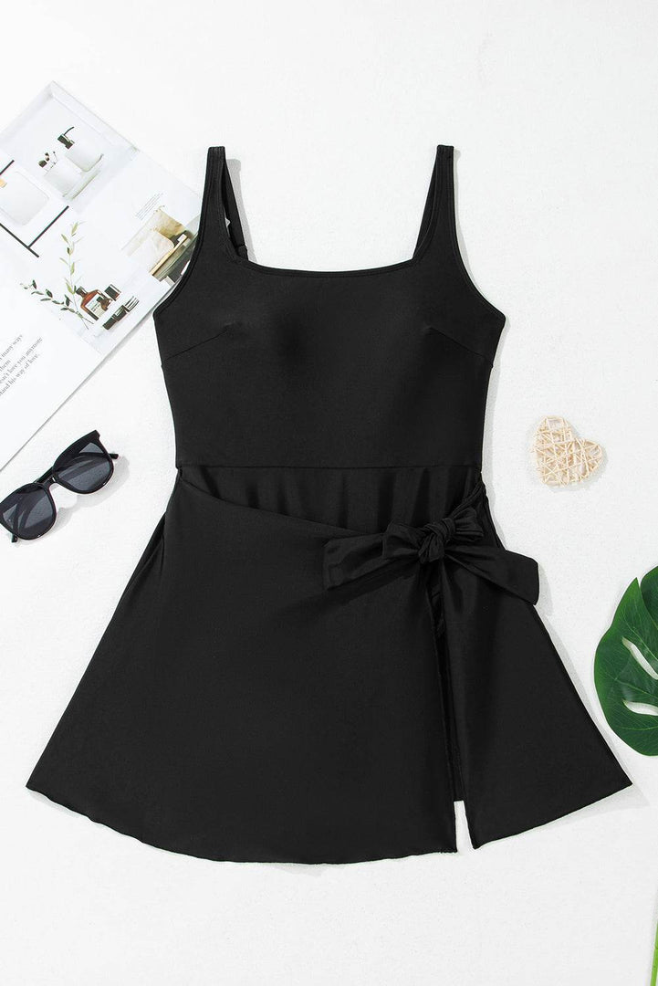 Black Side Tied Waist Square Neck Adjustable Straps A-line One Piece Swim Dress - Fashion Queen -  13
